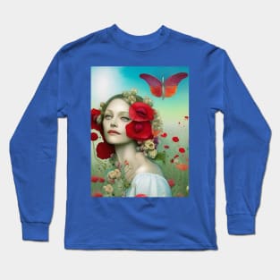 Pop surrealist painting of a pretty girl with poppy flowers Long Sleeve T-Shirt